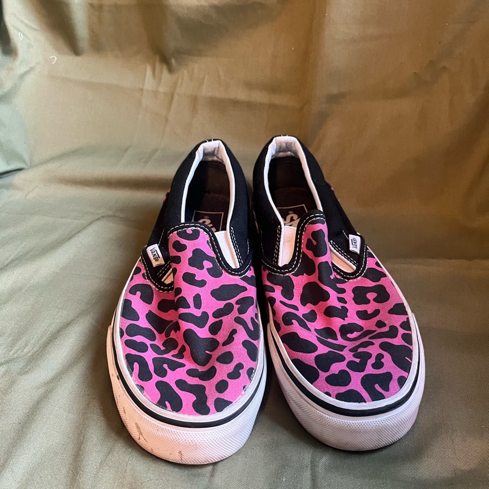 Vans Black and Pink Animal Print Slip-Ons